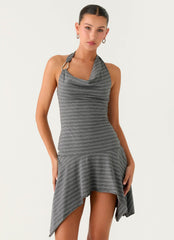 Bad Alive Halter Hanky Mini Dress - Grey Marle Stripe