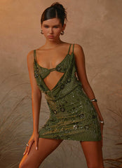 Celosia Beaded Mini Dress - Khaki