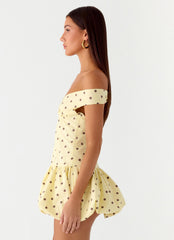 Endless Romance Off Shoulder Mini Dress - Yellow Polkadot