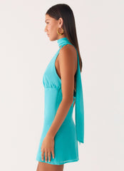 Melisande Scarf Neck Mini Dress - Aqua Blue