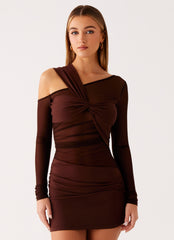 Ophelie Asymmetric Long Sleeve Mini Dress - Chocolate