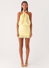 Saebi Tie Neck Mini Dress - Lemon