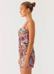 Soul Sound Sequin Mini Dress - Fuchsia Floral Beaded