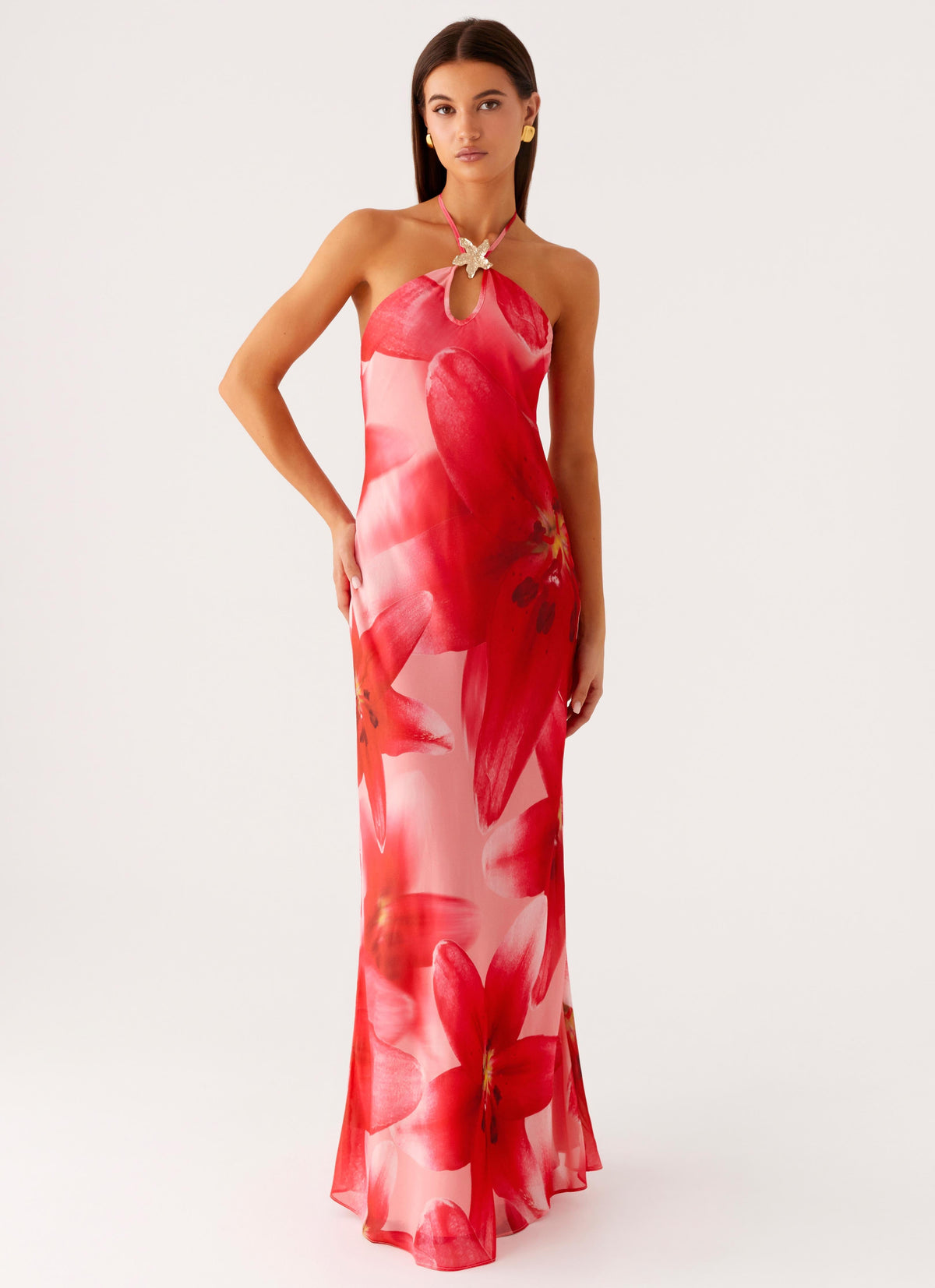 Vatiana Chiffon Maxi Dress - Peach Watermelon Flower